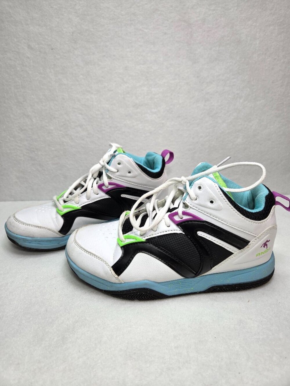 AND1 Boys Size 5 High Top Basketball Shoes White Black Neon Green Purple Blue